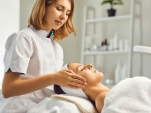Woman receiving a relaxing facial massage from a professional in a spa setting.