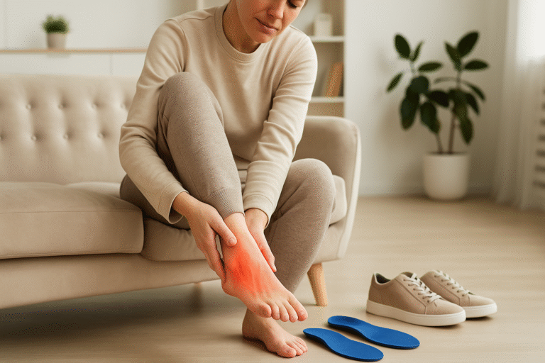 Woman holding painful foot with orthotic insoles and shoes nearby.