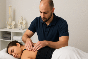 Registered massage therapist performing deep tissue massage in Hamilton clinic