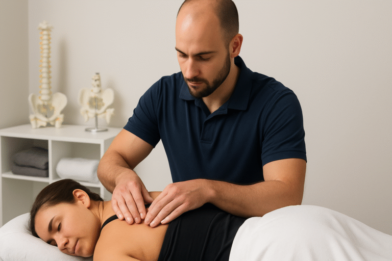 Registered massage therapist performing deep tissue massage in Hamilton clinic